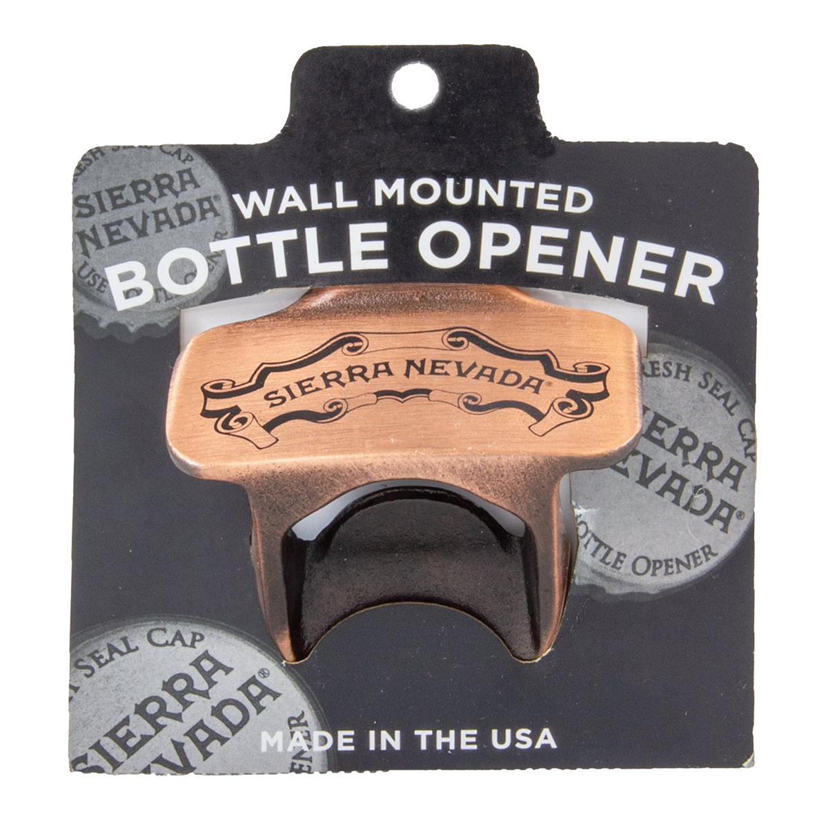 A copper-colored wall-mounted bottle opener with 'Sierra Nevada' engraved on it, mounted on a black retail backing card with white text.