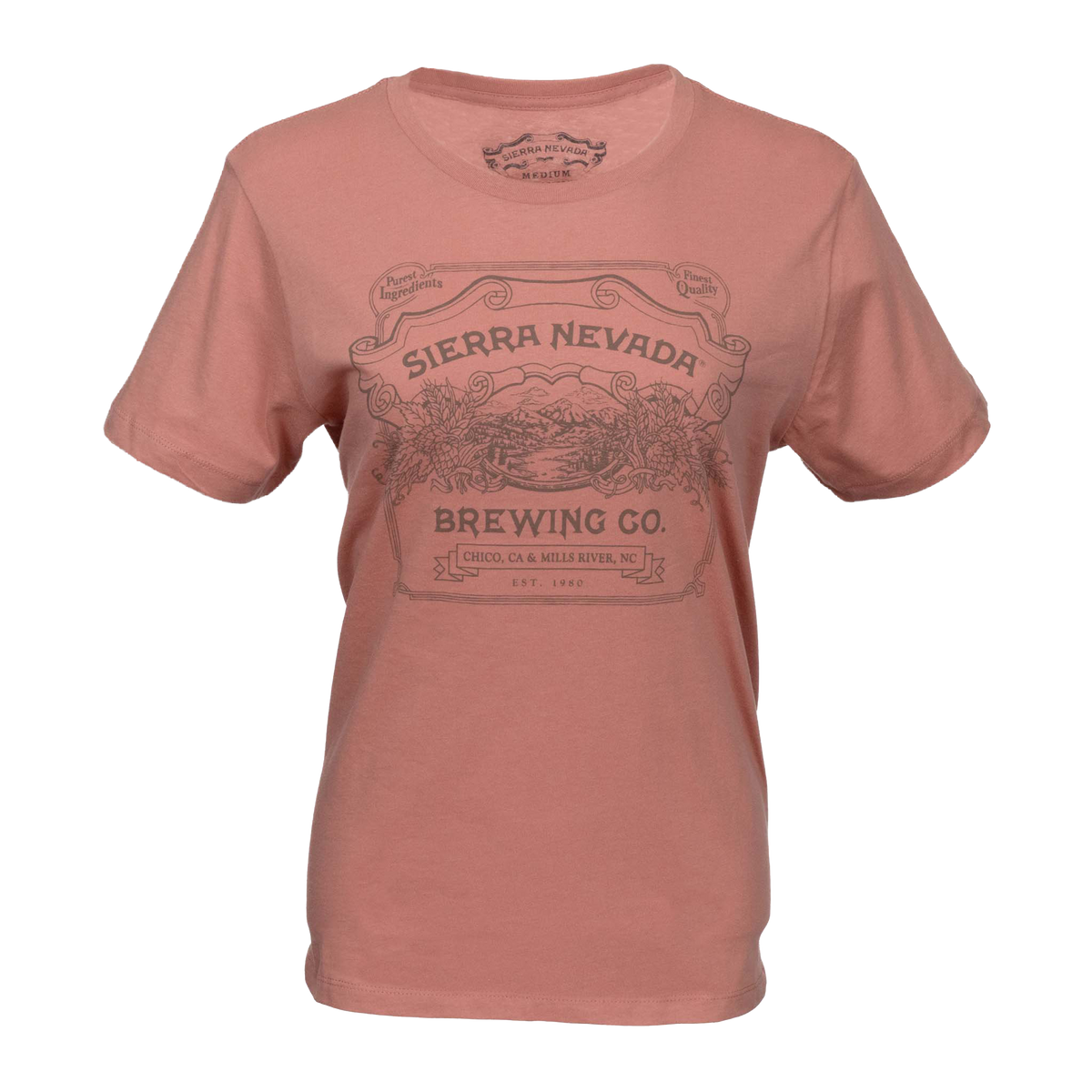 A short-sleeve crewneck t-shirt in a dusty rose or mauve color, featuring a dark brown vintage-style 'Sierra Nevada Brewing Co.' graphic printed on the front.
