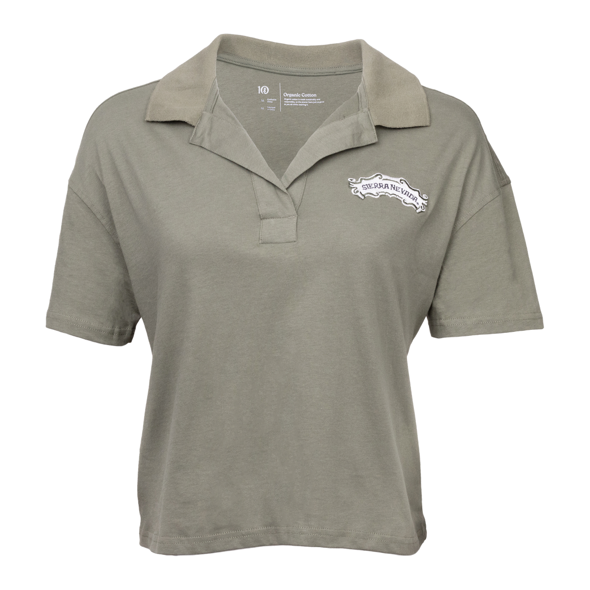 Green polo shirt with a logo on a white background