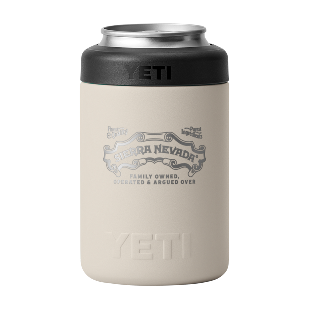 A YETI can cooler in a light beige color with a black lid and a gray Sierra Nevada graphic on the front, shown on a plain white background.