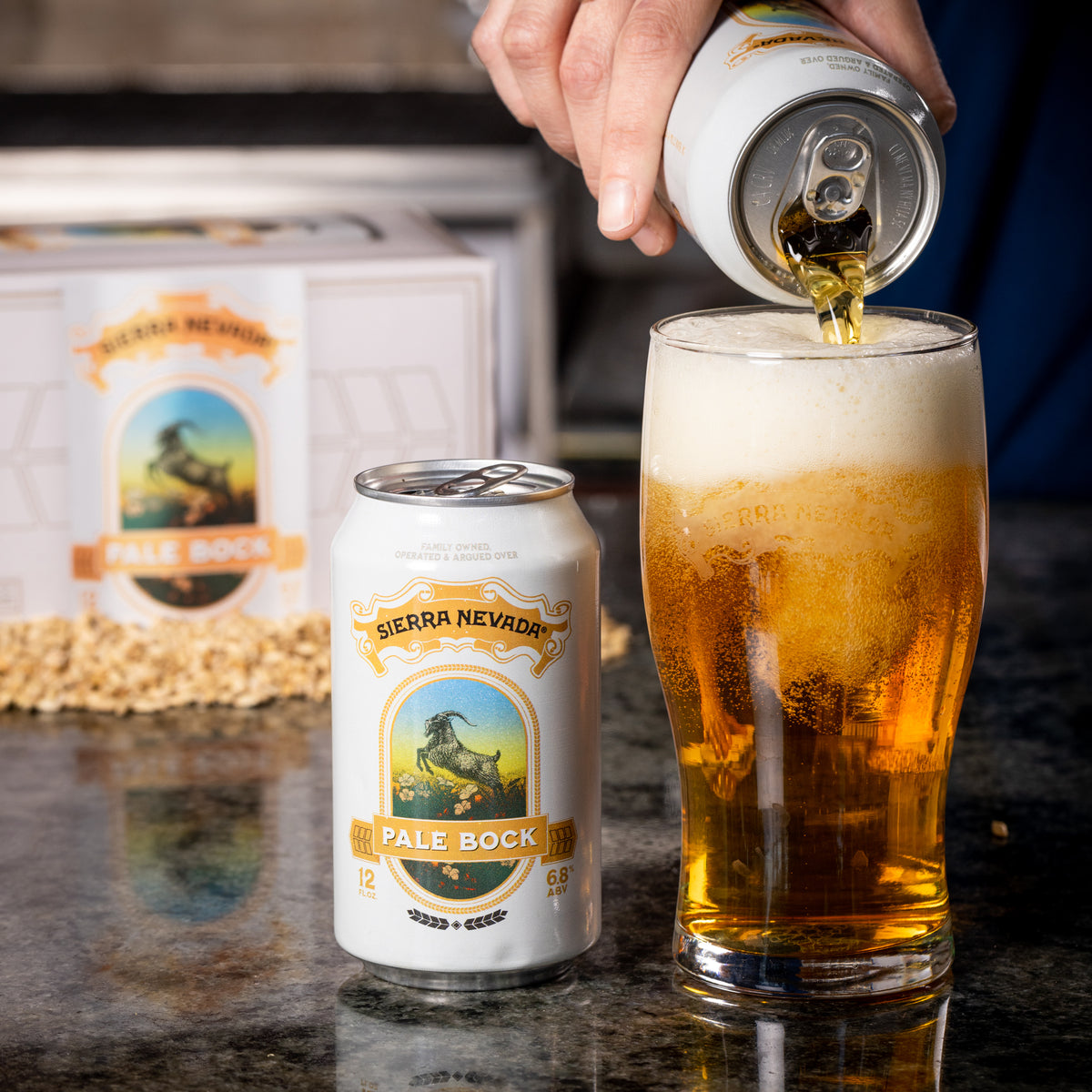 A can of Sierra Nevada Pale Bock is poured into a pint glass.