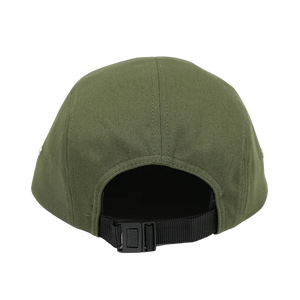Thumbnail of The back view of an olive green 5-panel baseball cap with a black adjustable strap and plastic buckle, shown on a solid white background.