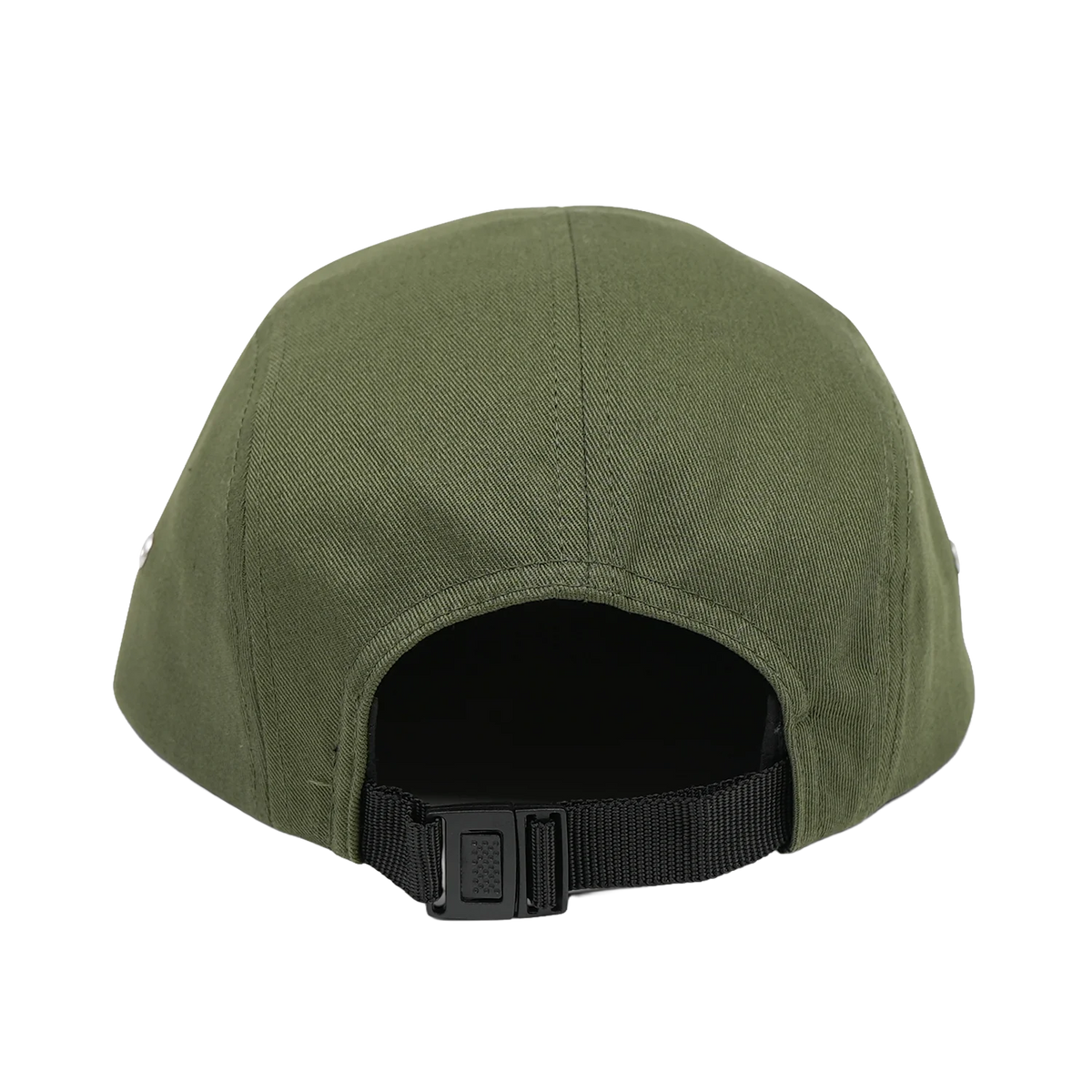 The back view of an olive green 5-panel baseball cap with a black adjustable strap and plastic buckle, shown on a solid white background.