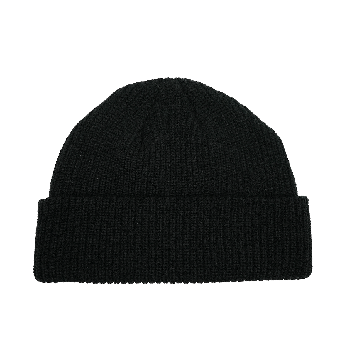 Black knit beanie on a white background
