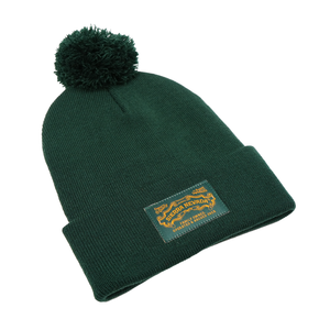 Thumbnail of Green beanie with pom-pom and brand logo on a white background