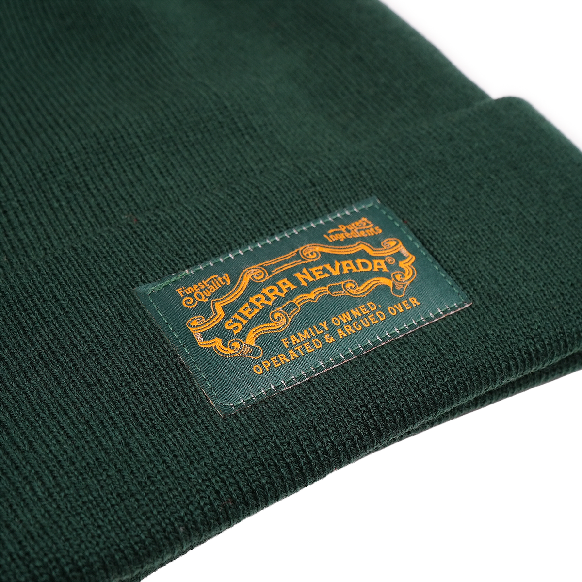 Green beanie with Sierra Nevada logo on a white background