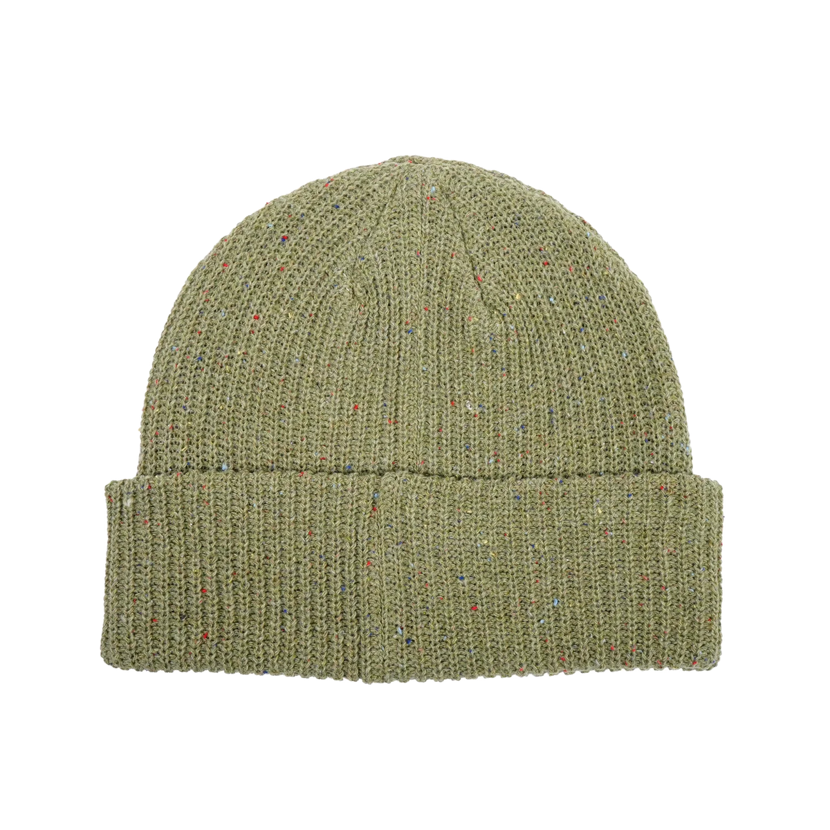 Green knit beanie on a white background