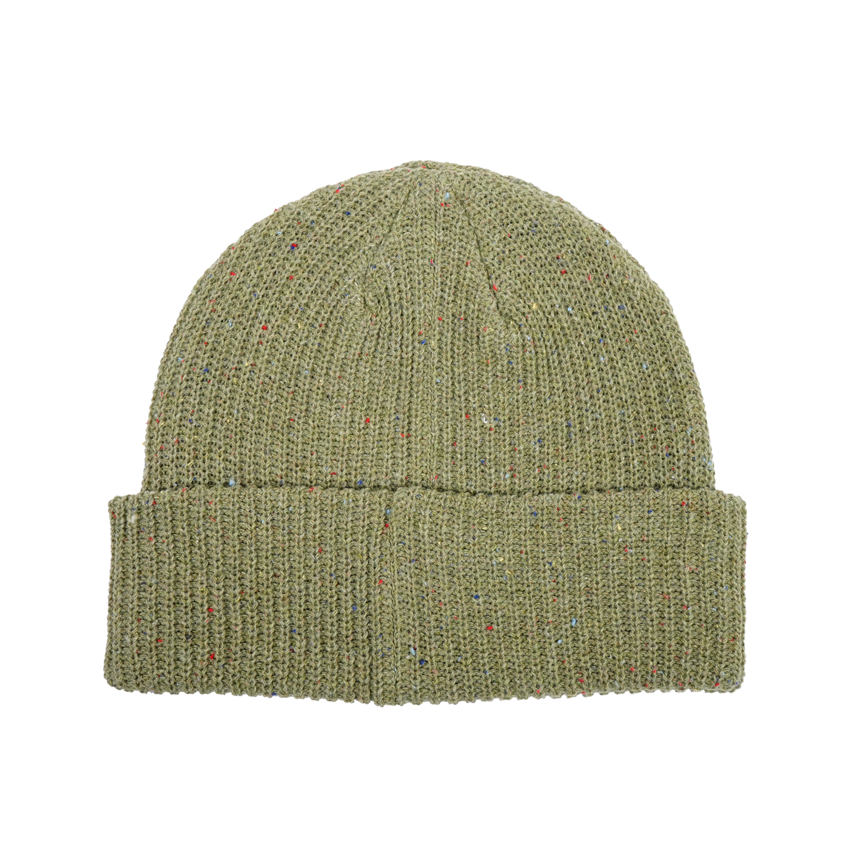 Green knit beanie on a white background