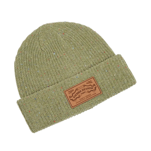 Thumbnail of Green knit beanie with a leather patch on a white background