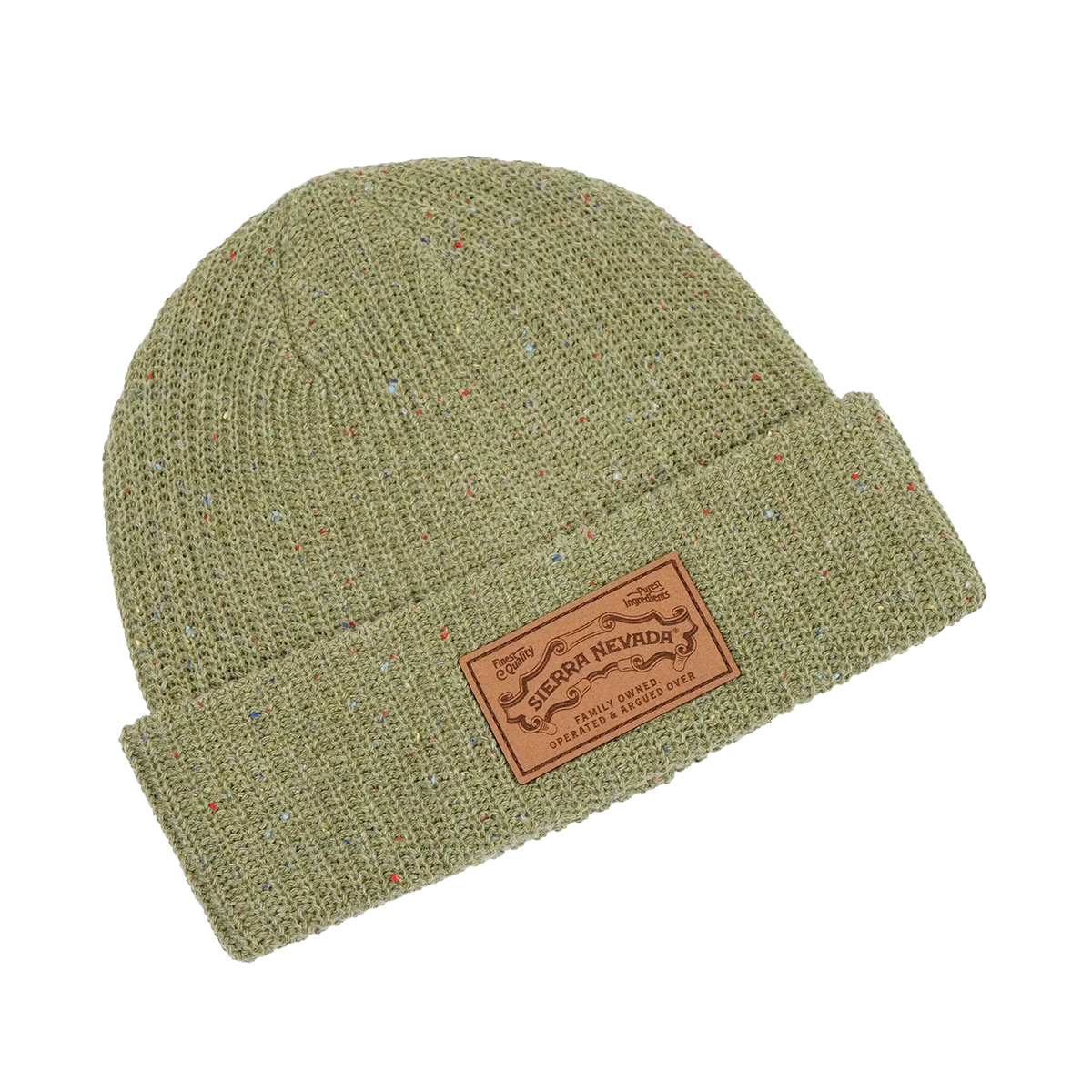 Green knit beanie with a leather patch on a white background