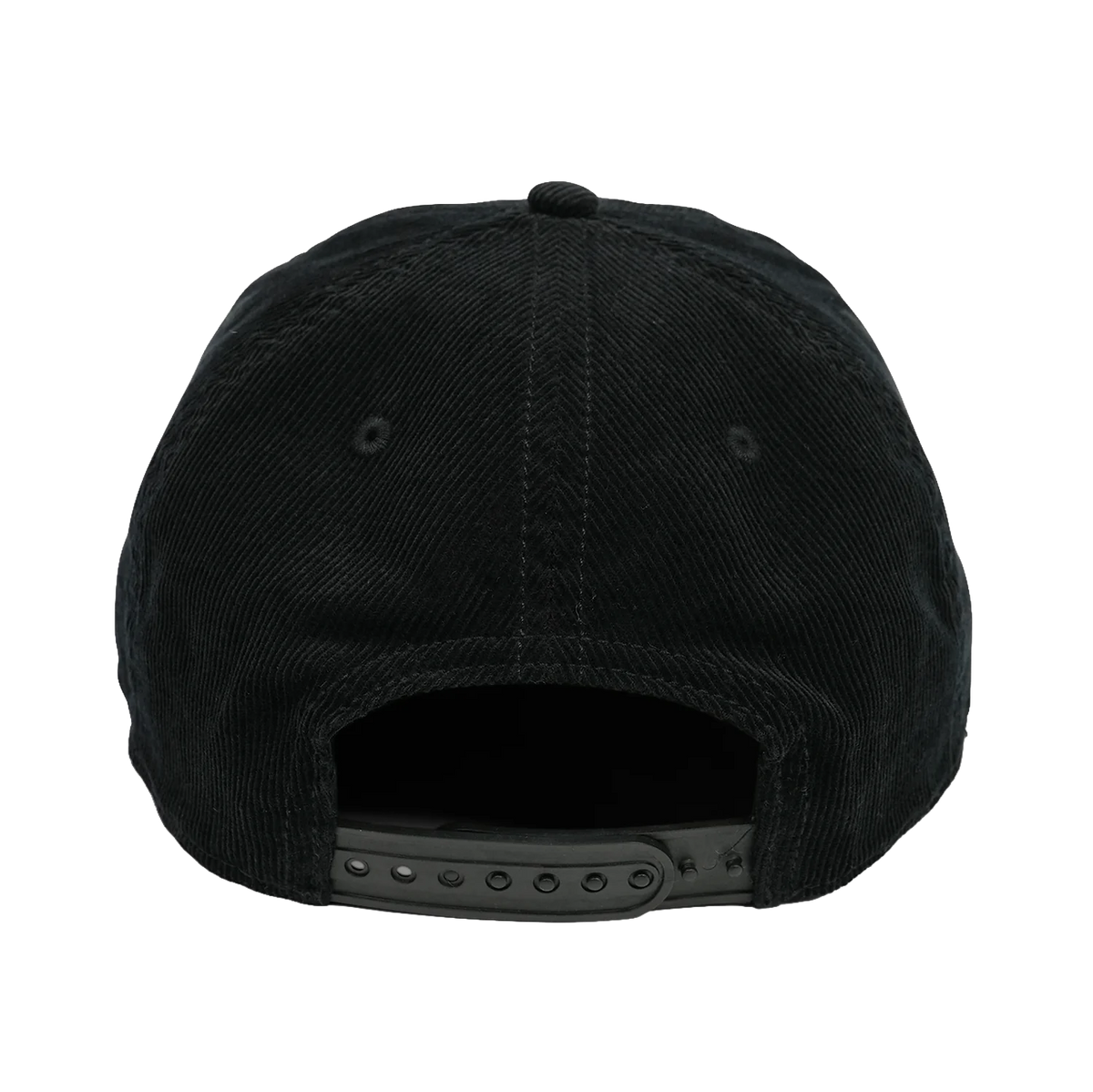 Rear view of a black corduroy snapback cap on a solid white background.