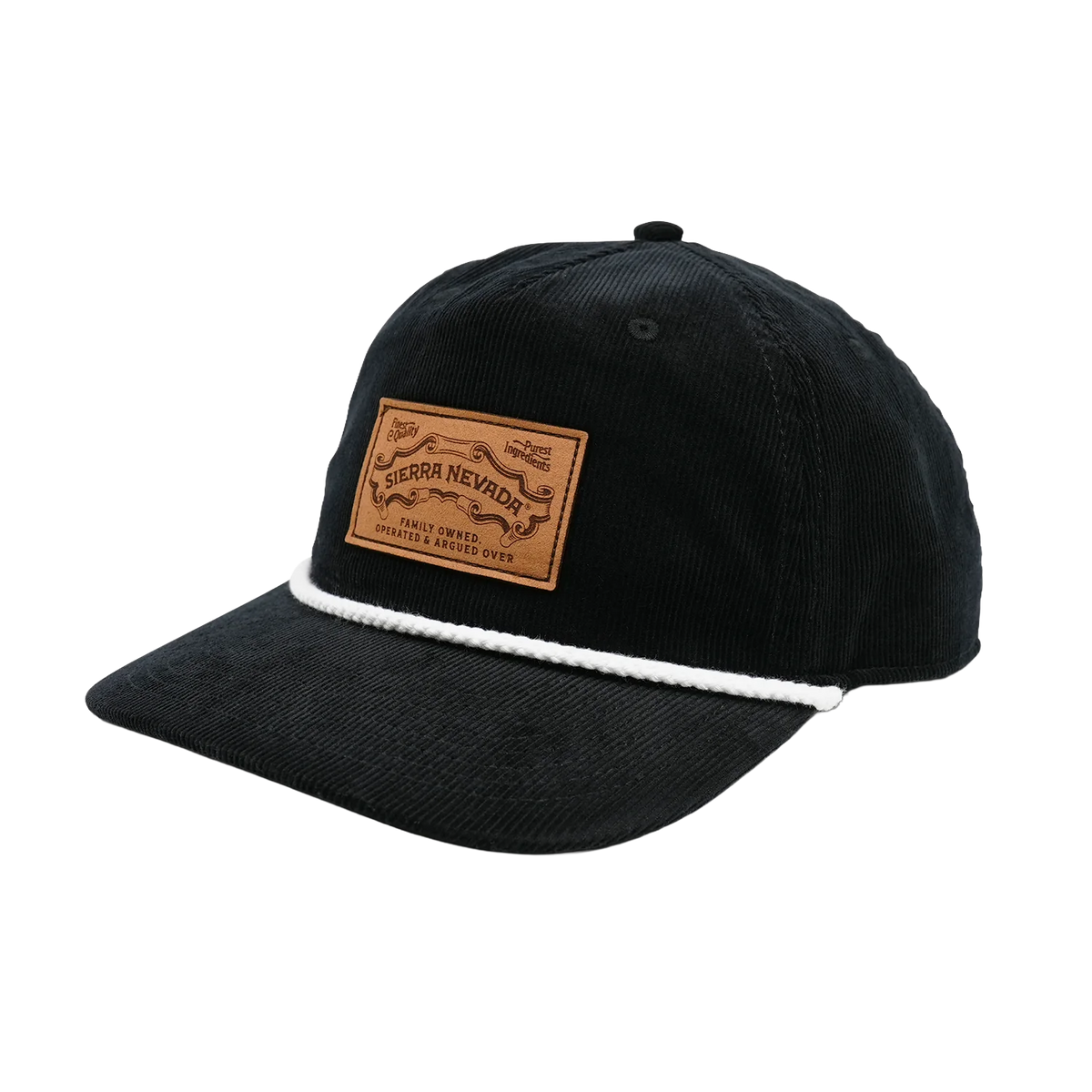 A black corduroy baseball cap with a brown leather patch on the front and a white rope detail across the brim, shown on a plain white background.