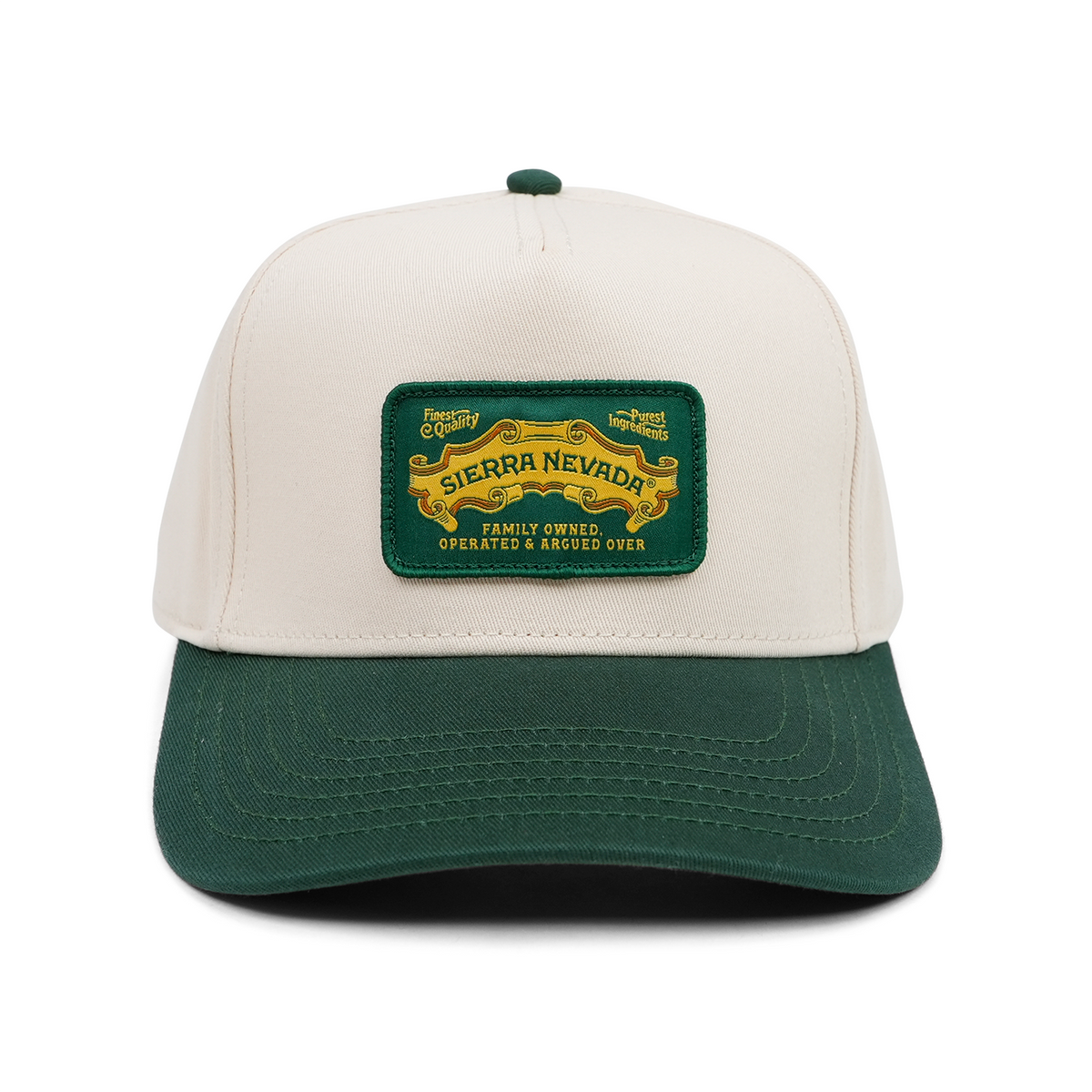 Green and beige cap with a logo on a white background