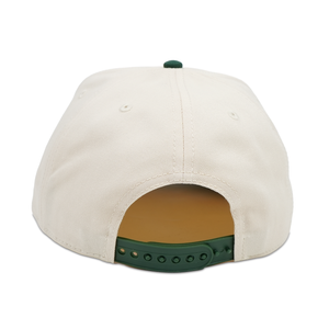 Thumbnail of Back view of a beige cap with green brim on a white background