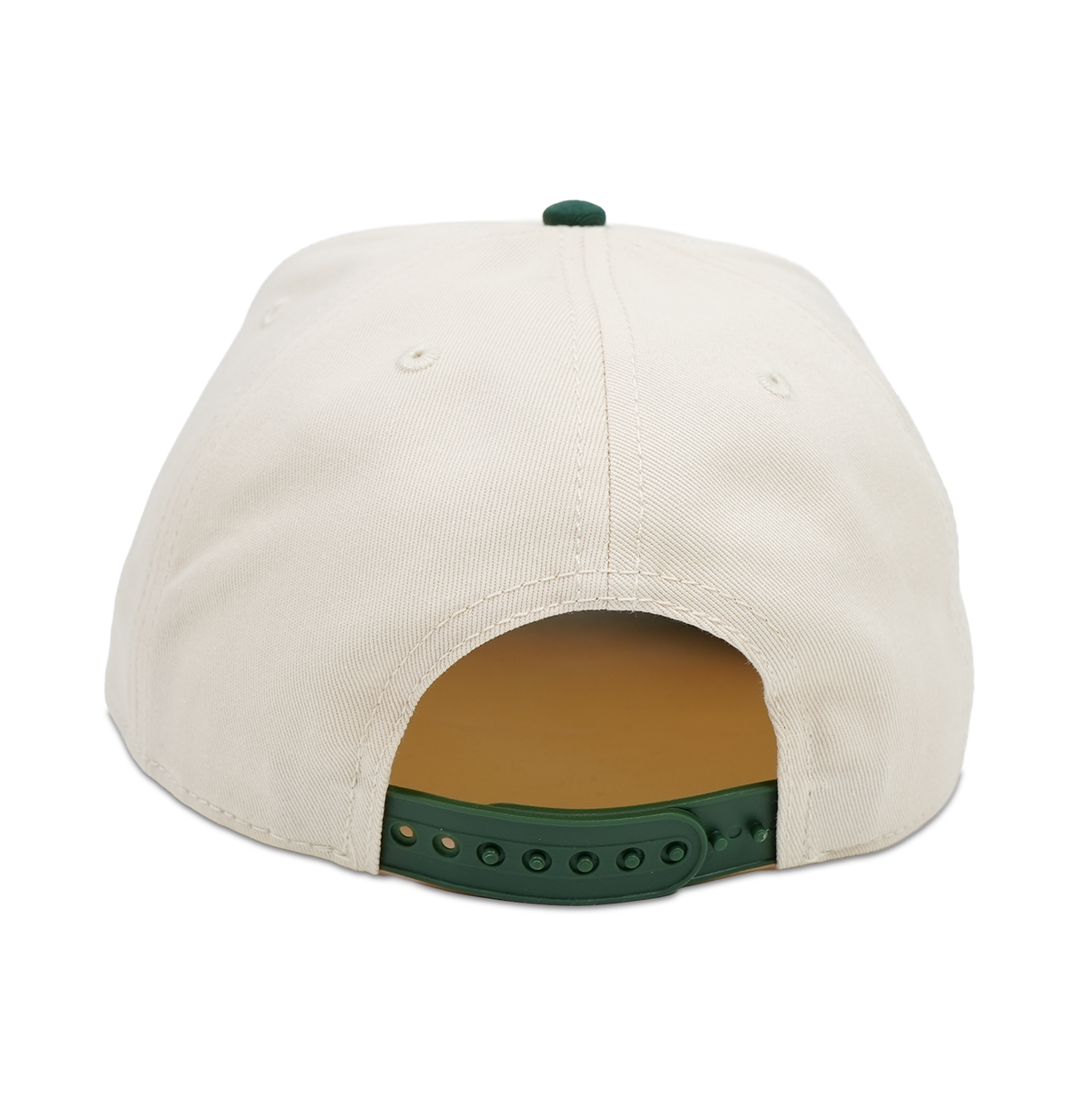 Back view of a beige cap with green brim on a white background