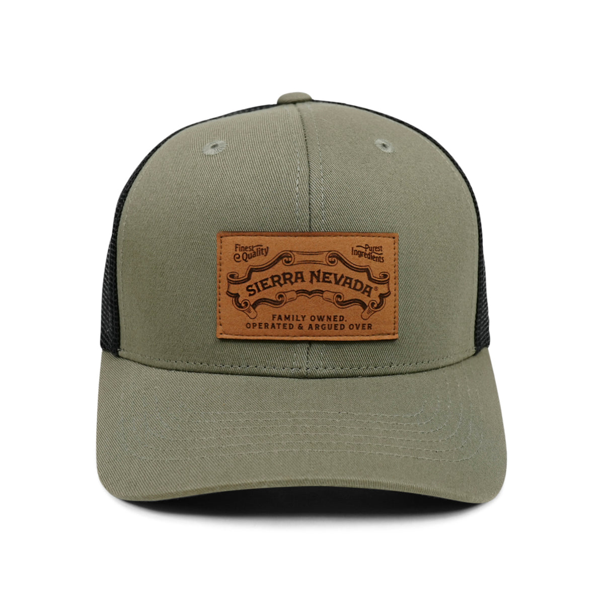 Green cap with a brown leather patch featuring 'Sierra Nevada' branding on a white background.