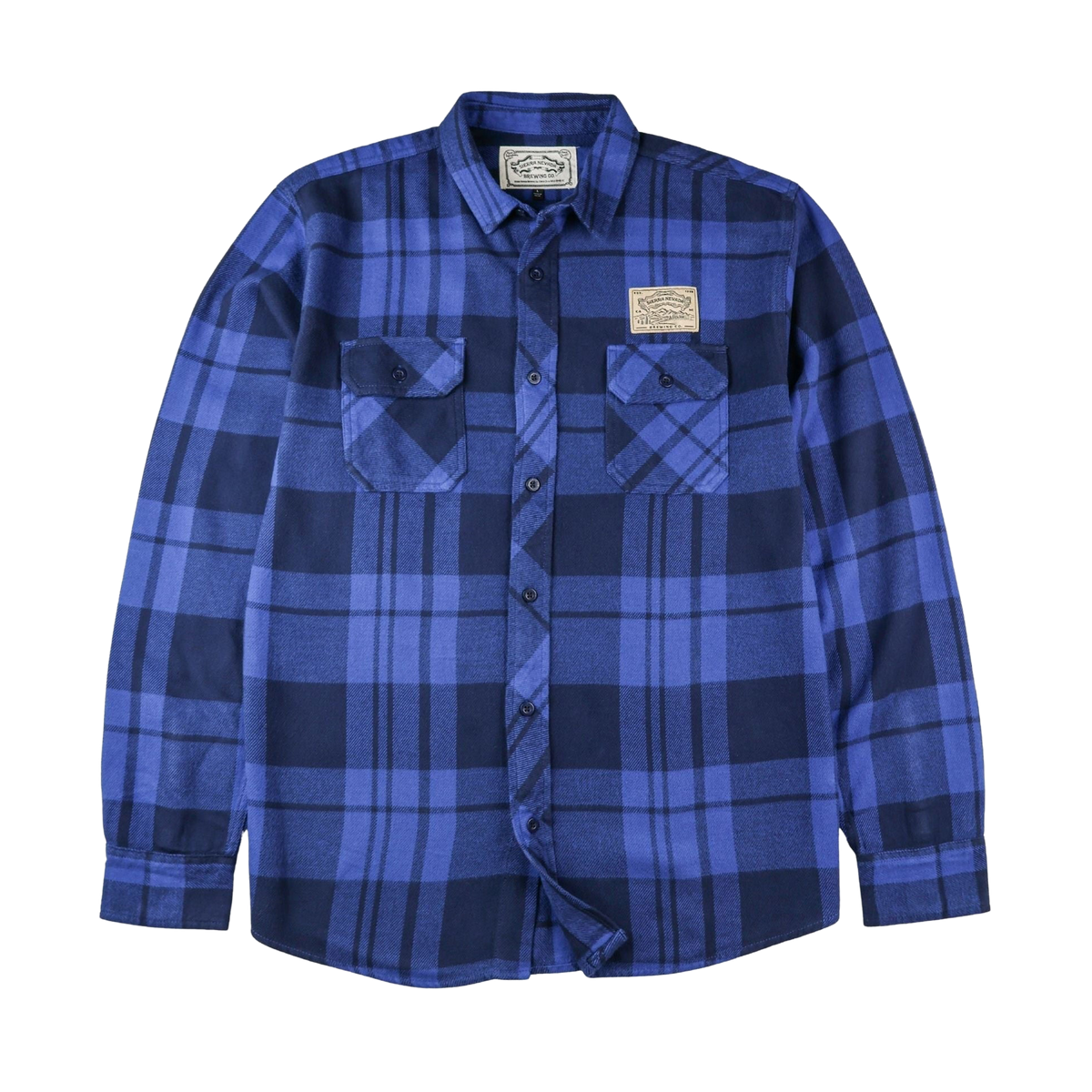 Blue plaid shirt with a brand logo on a white background