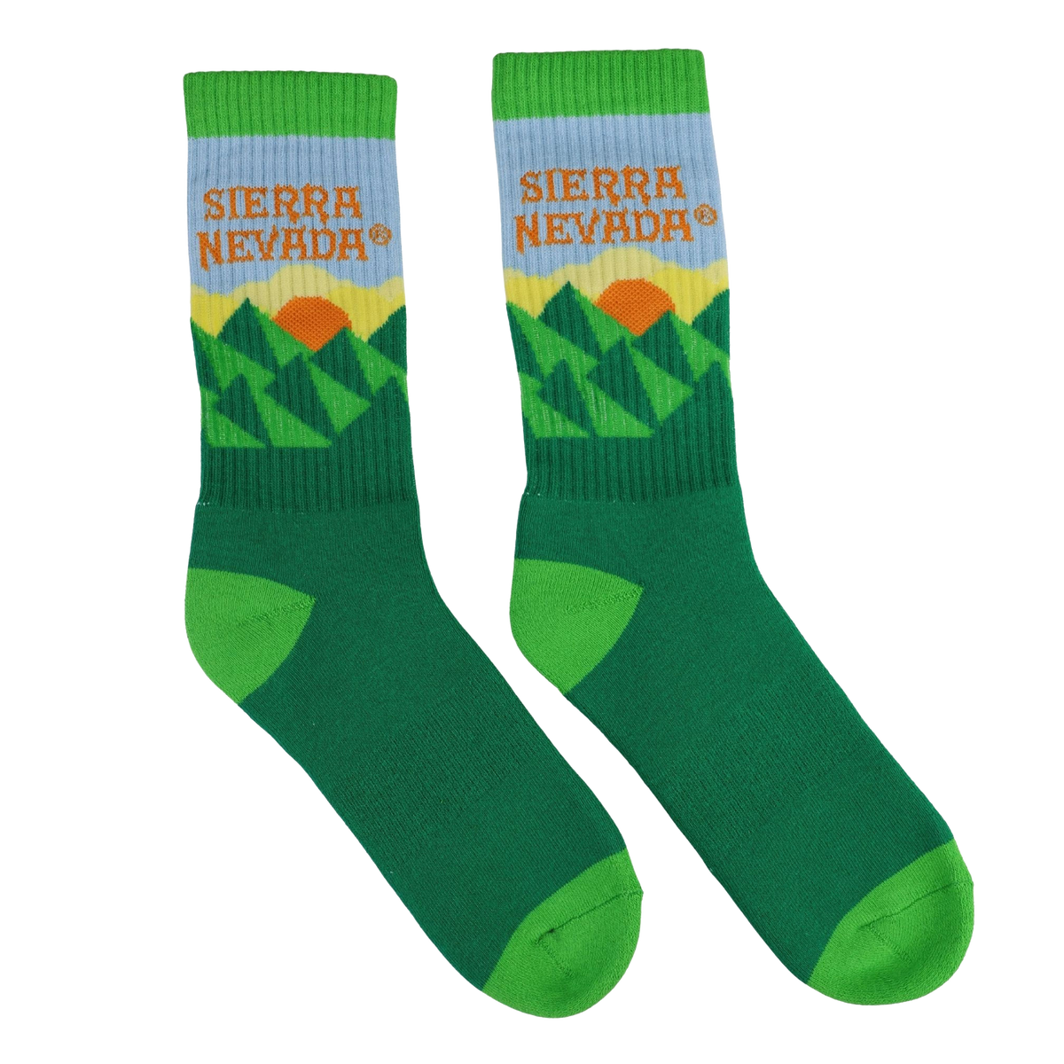 Green socks with mountain design and 'Sierra Nevada' text on a white background