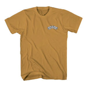 Thumbnail of A mustard yellow short-sleeve t-shirt with a small white and black graphic on the left chest, displayed flat against a white background.