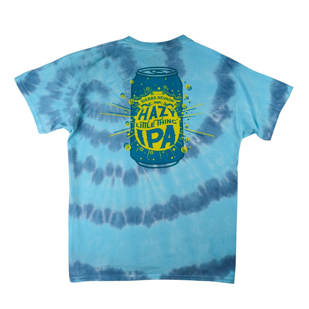 Tie-dye t-shirt with a beer can graphic and text on a white background