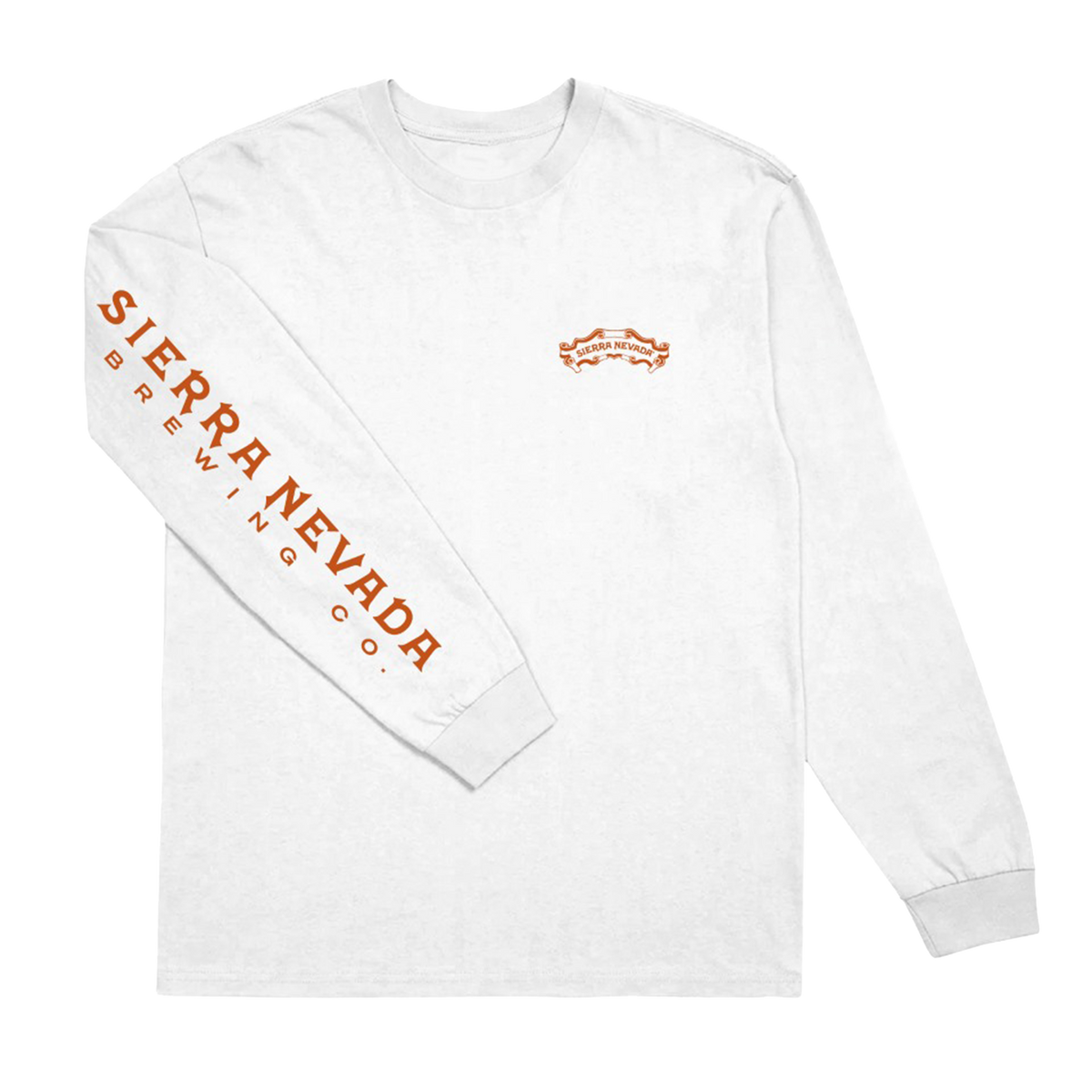 White long-sleeve shirt with orange 'Sierra Nevada Brewing Co.' text on sleeves against a white background