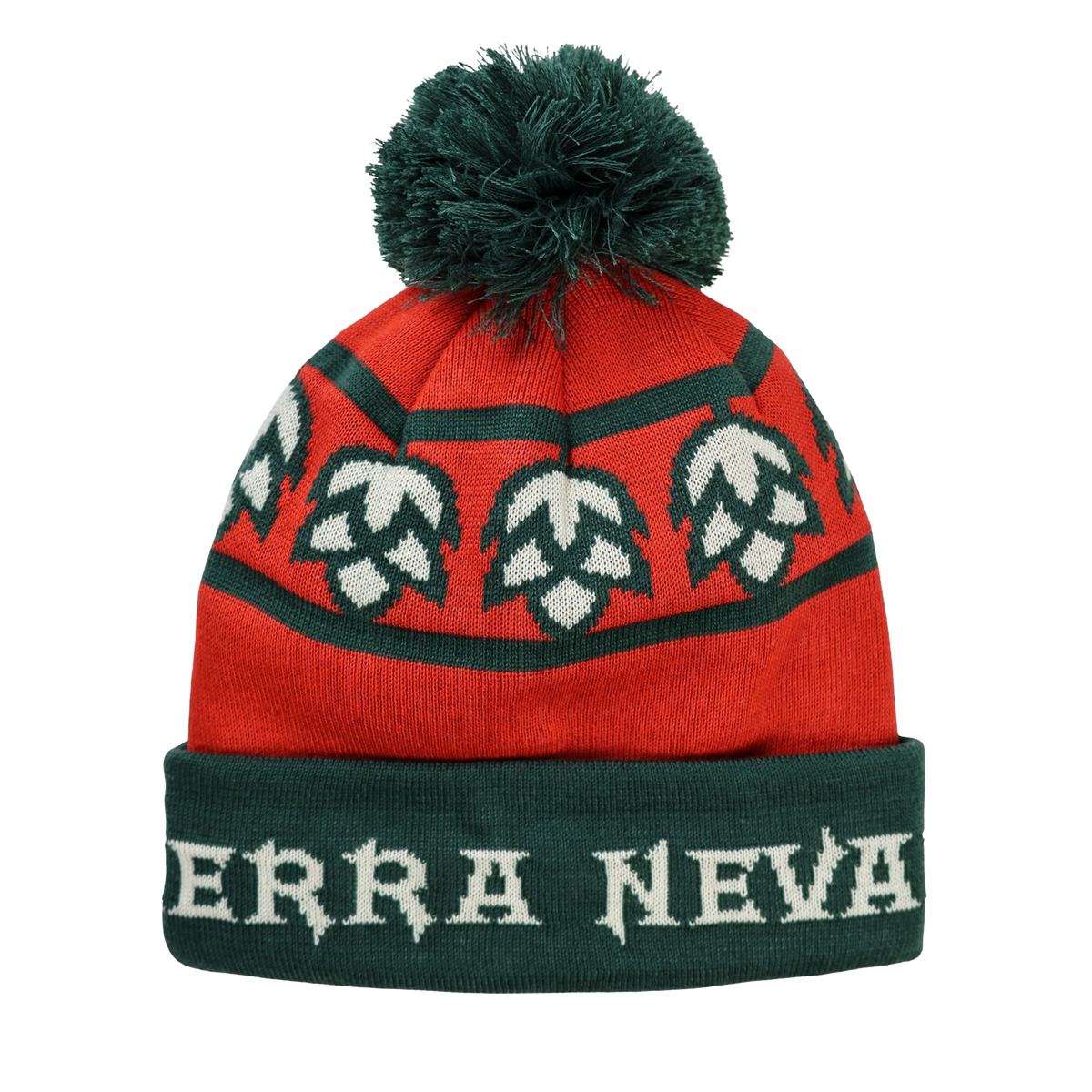 Red knit beanie with green pom-pom and 'SIERRA NEVADA' text on a white background