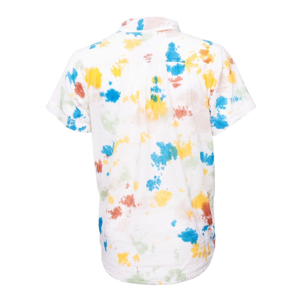 Short-sleeve shirt with colorful abstract pattern on a white background