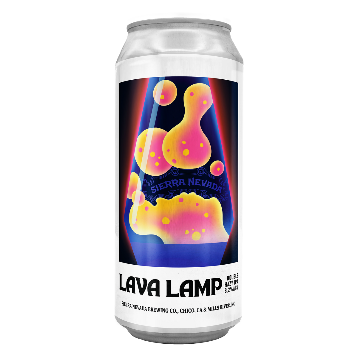 A single aluminum craft beer can for Sierra Nevada's Lava Lamp IPA, featuring a vibrant graphic label with neon lava bubbles on a dark background.