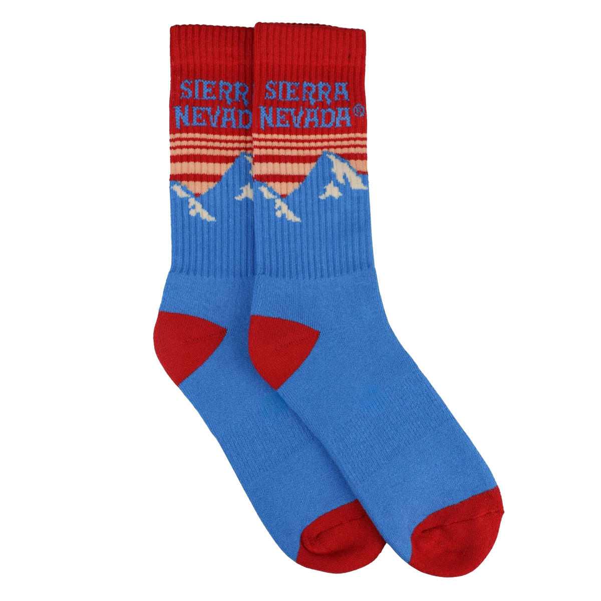 Blue and red socks with mountain design and 'Sierra Nevada' text on a white background