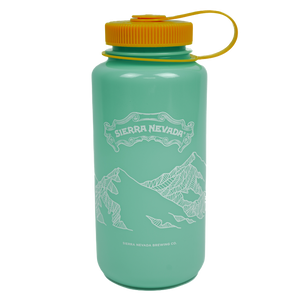 Thumbnail of Green water bottle with yellow cap and mountain design on a white background