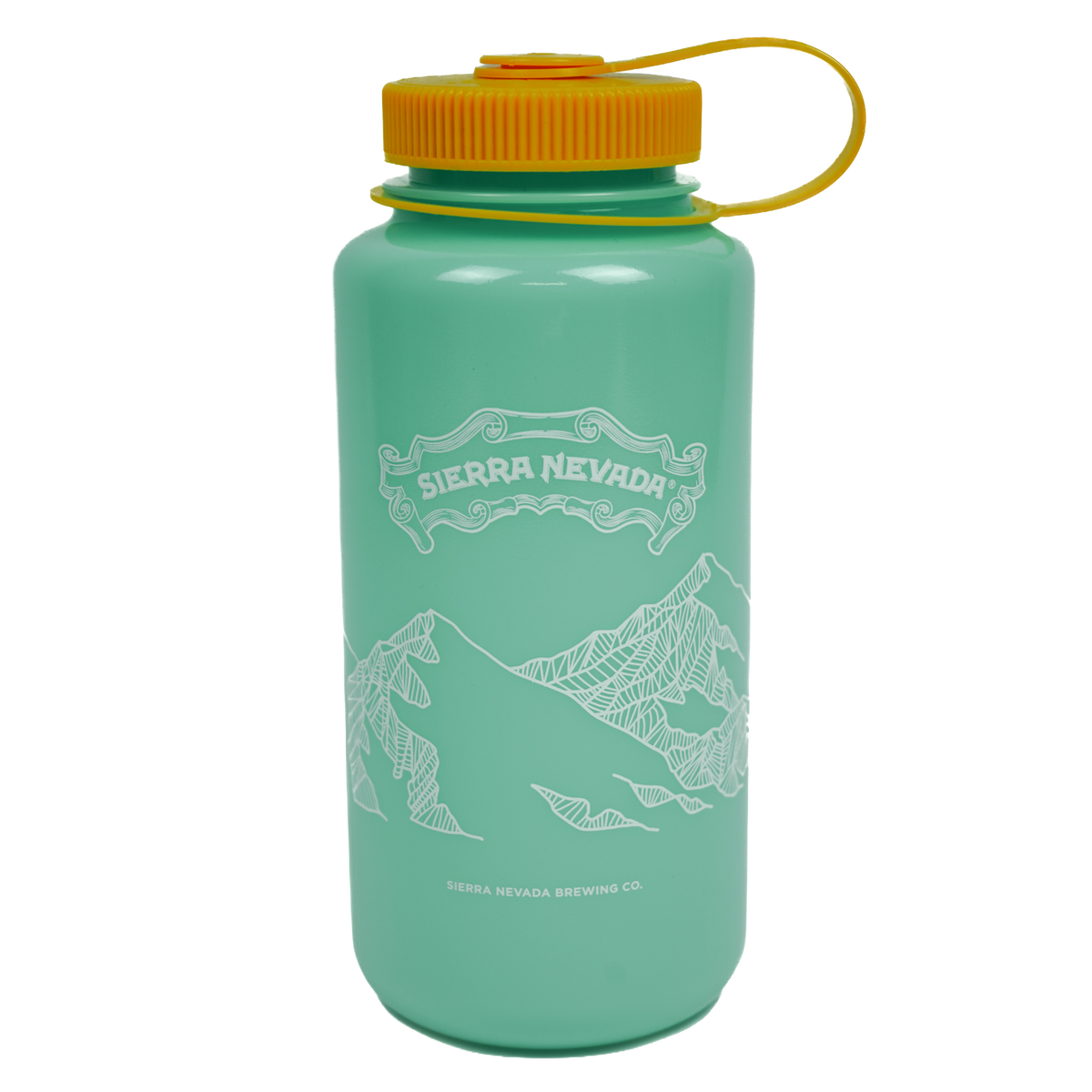 Green water bottle with yellow cap and mountain design on a white background