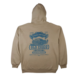 Thumbnail of Beige hoodie with blue graphic on the back on a white background