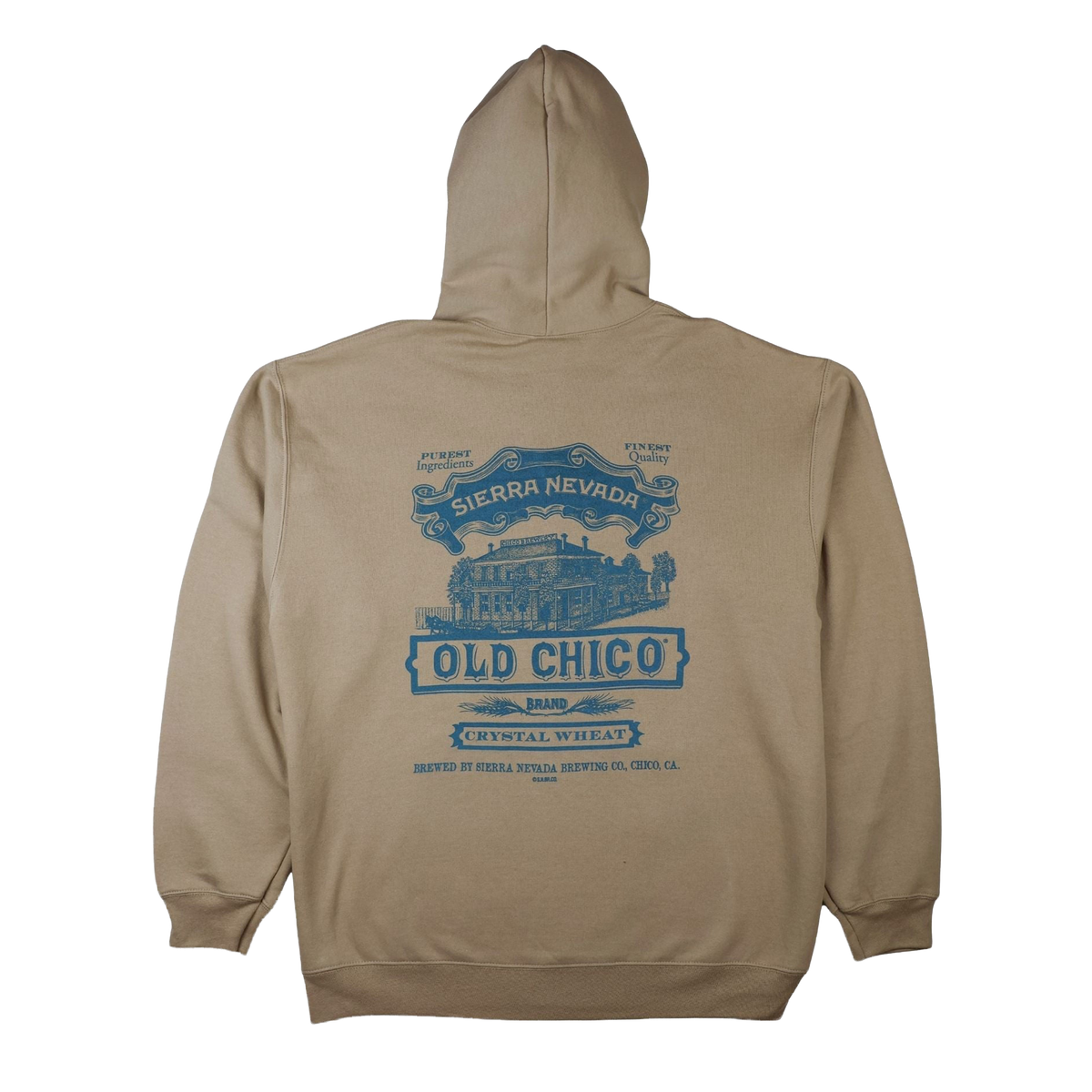 Beige hoodie with blue graphic on the back on a white background