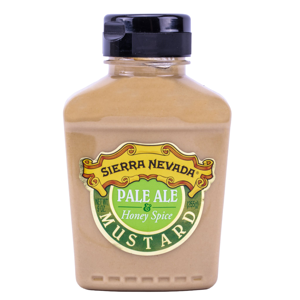 Bottle of Sierra Nevada Pale Ale & Honey Spice mustard on a white background
