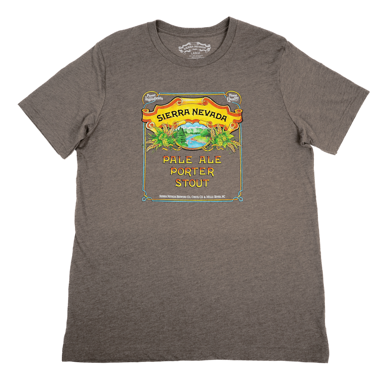 Brown t-shirt with Sierra Nevada Pale Ale Porter Stout label design on a white background