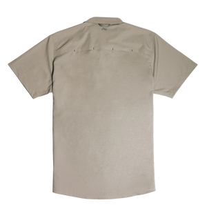 Thumbnail of A short-sleeve button-up shirt in a light taupe-beige color, shown from the back against a plain white background.