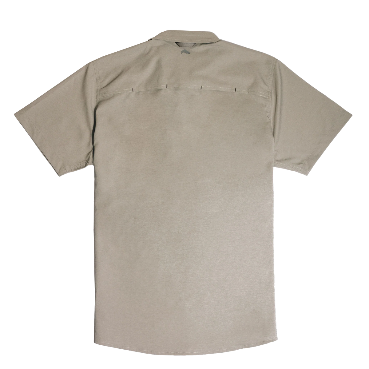 A short-sleeve button-up shirt in a light taupe-beige color, shown from the back against a plain white background.