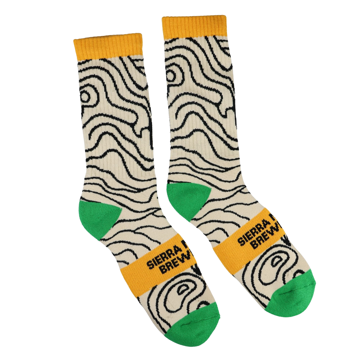 Pair of socks with a unique pattern and color scheme on a white background