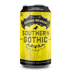 Thumbnail of A 12 oz aluminum can of Sierra Nevada Southern Gothic Unfiltered Pils, featuring a bright yellow label with black gothic-style lettering and a black top and bottom band.