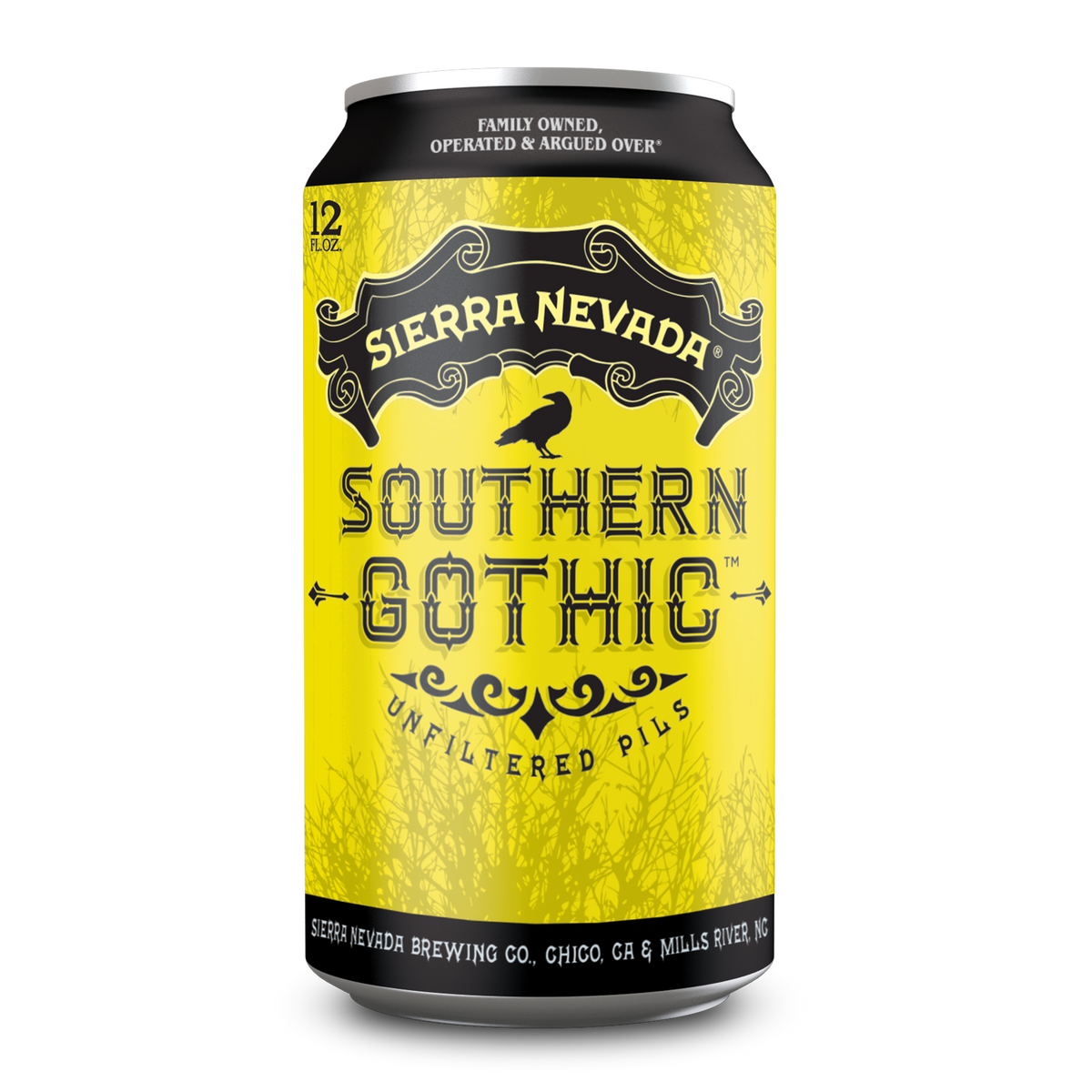 A 12 oz aluminum can of Sierra Nevada Southern Gothic Unfiltered Pils, featuring a bright yellow label with black gothic-style lettering and a black top and bottom band.