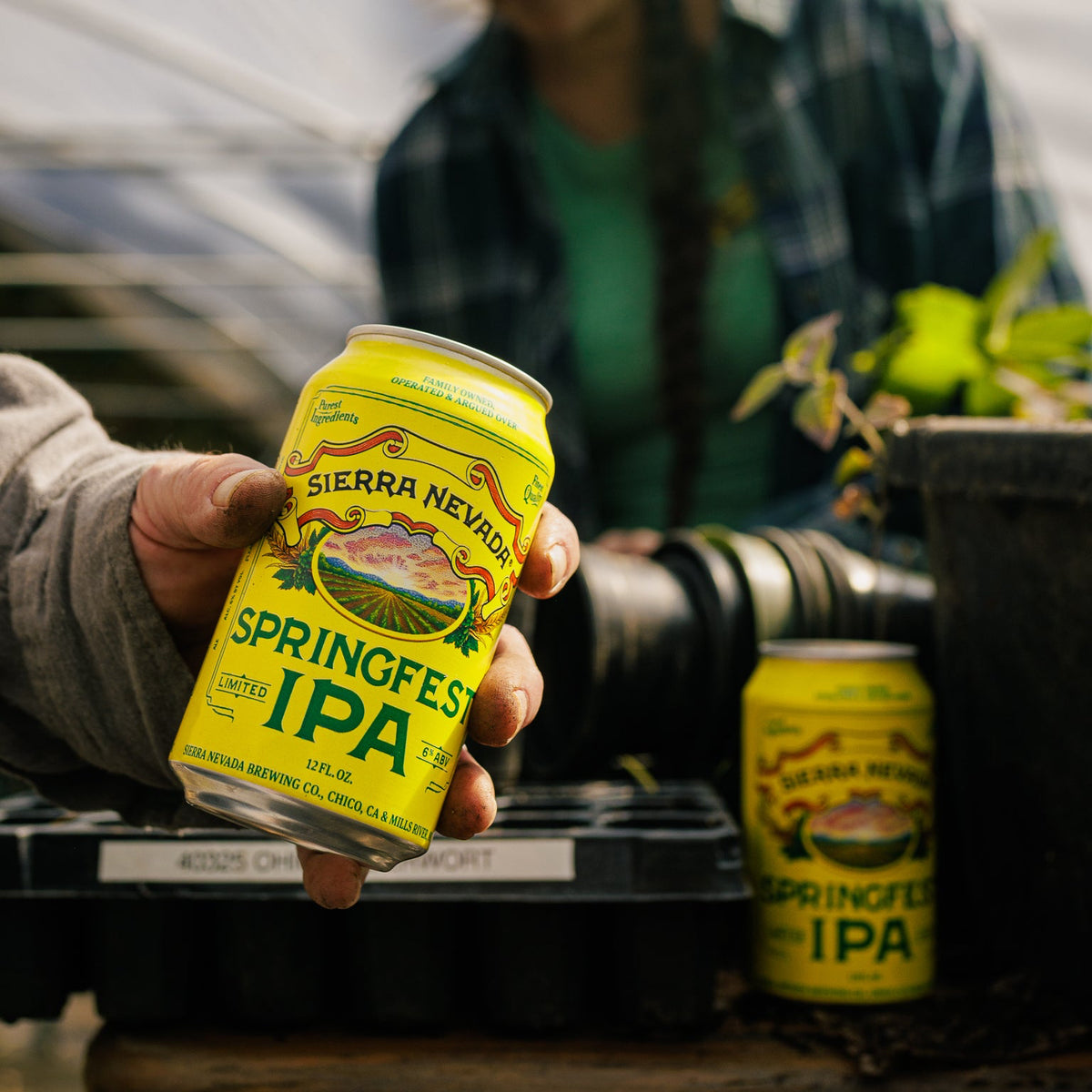 Person holding a can of Sierra Nevada Springfresh IPA in an outdoor setting.
