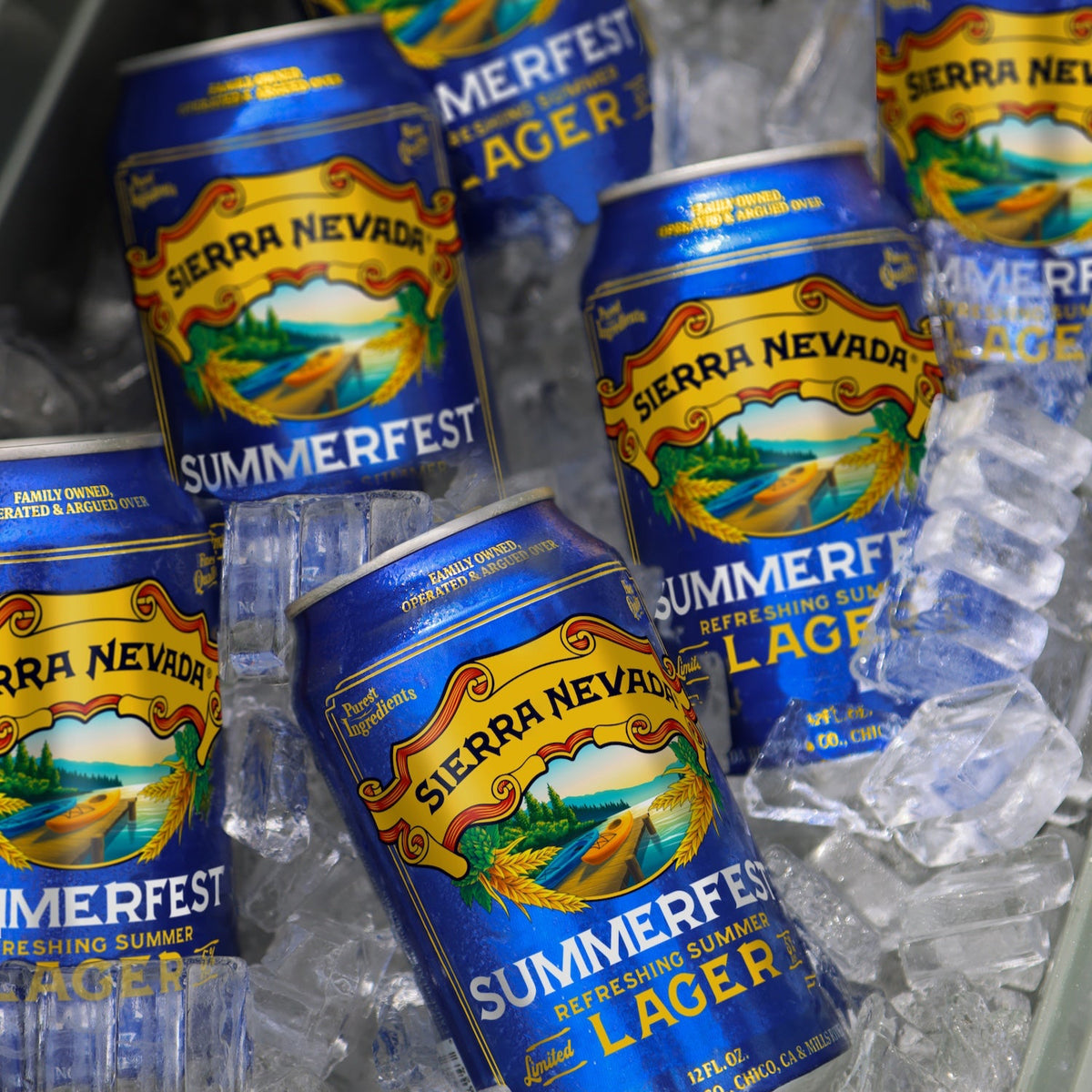 Cans of Sierra Nevada Summerfest Lager chill down on a bed of ice in a cooler