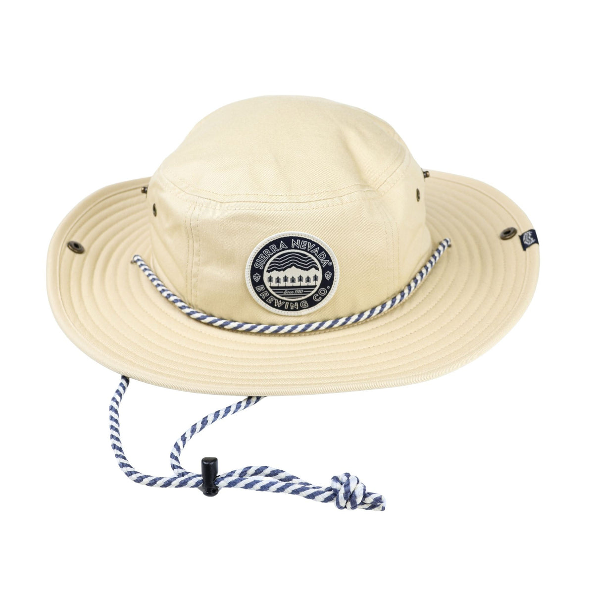 Beige bucket hat with a logo on a white background