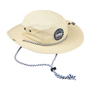 Thumbnail of Beige bucket hat with a logo and chin strap on a white background