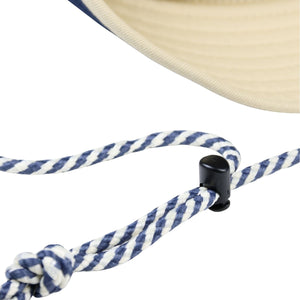 Thumbnail of Close-up of a blue and white striped lanyard with a black clip on a white background.
