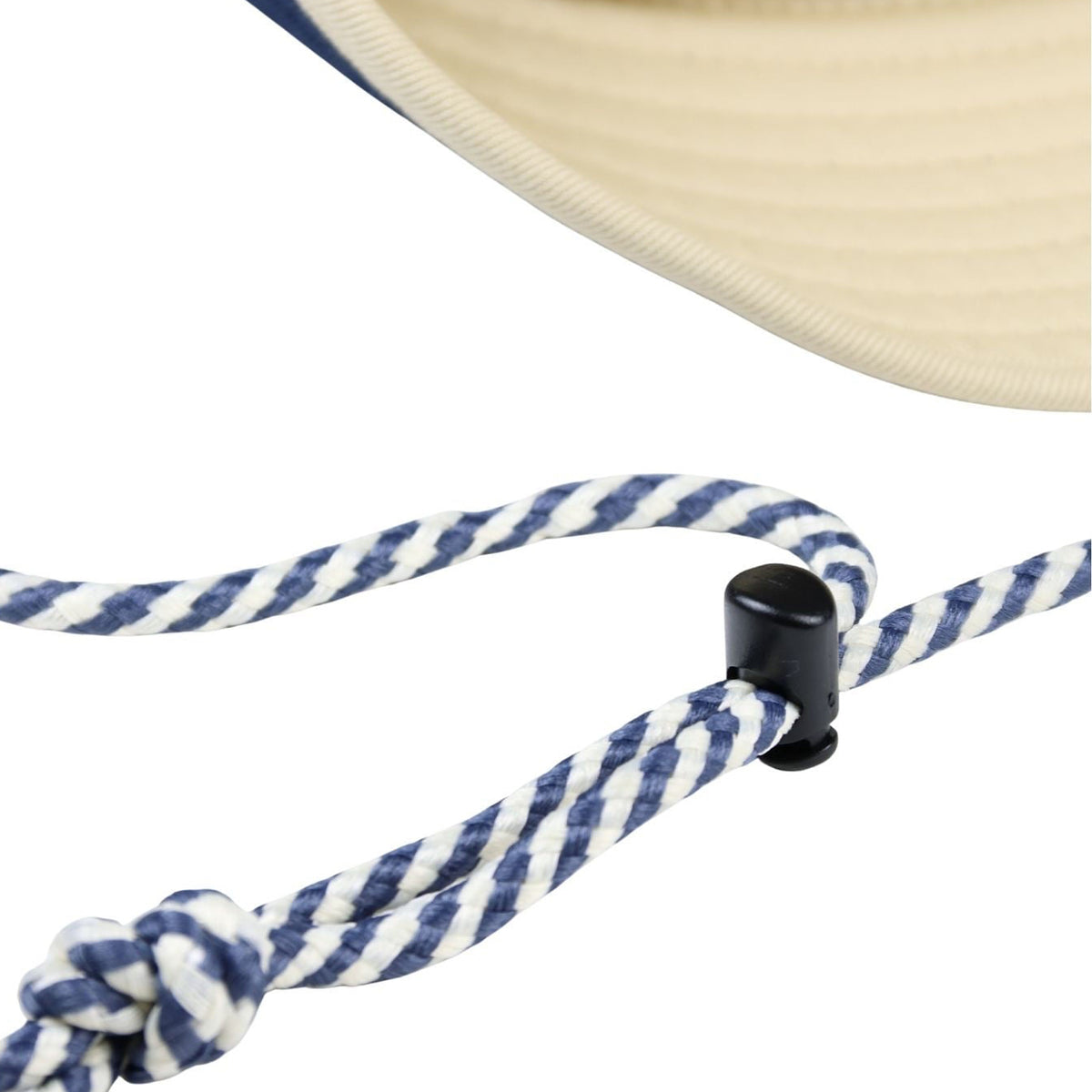 Close-up of a blue and white striped lanyard with a black clip on a white background.