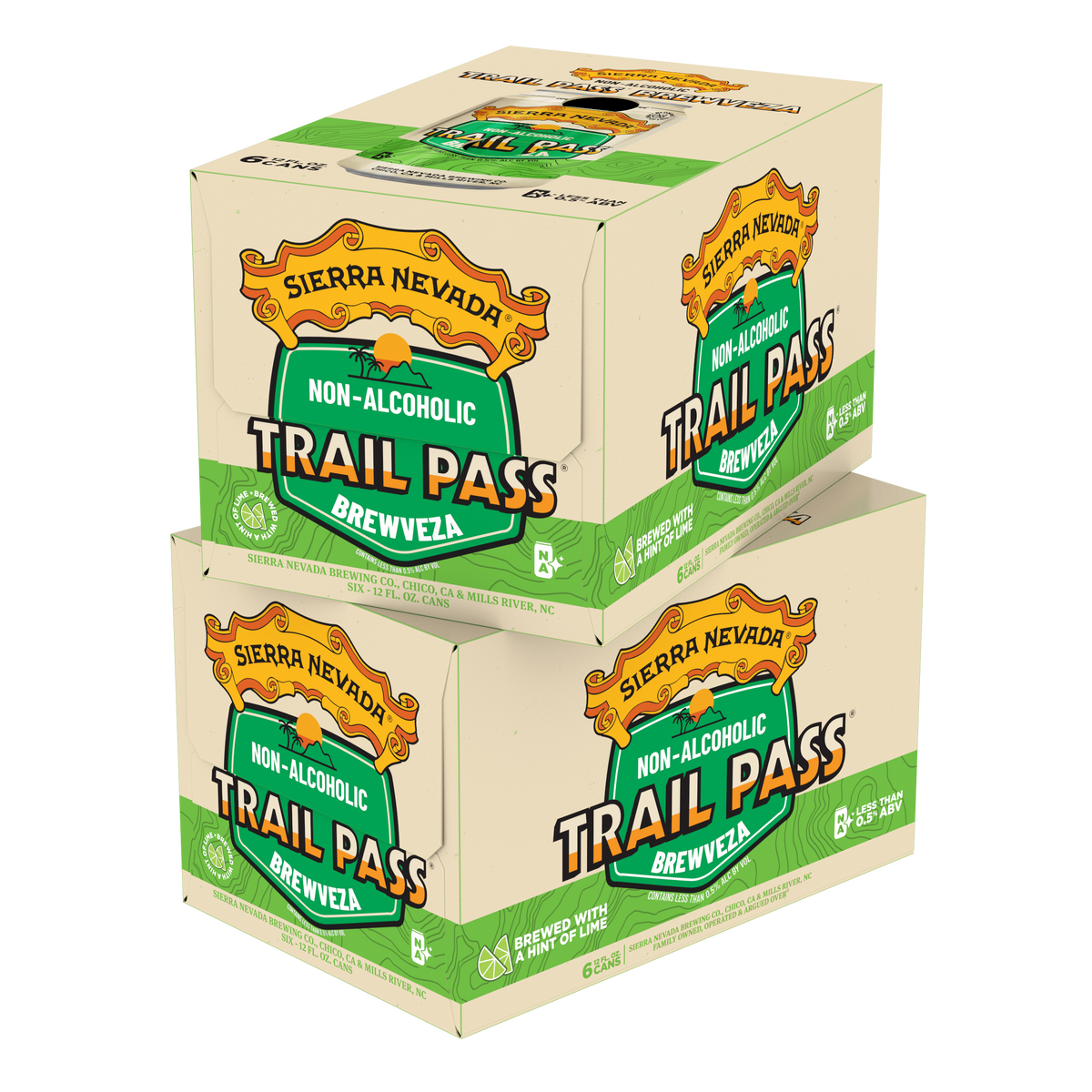 Two boxes of Sierra Nevada Non-Alcoholic Trail Pass Brewveza on a white background