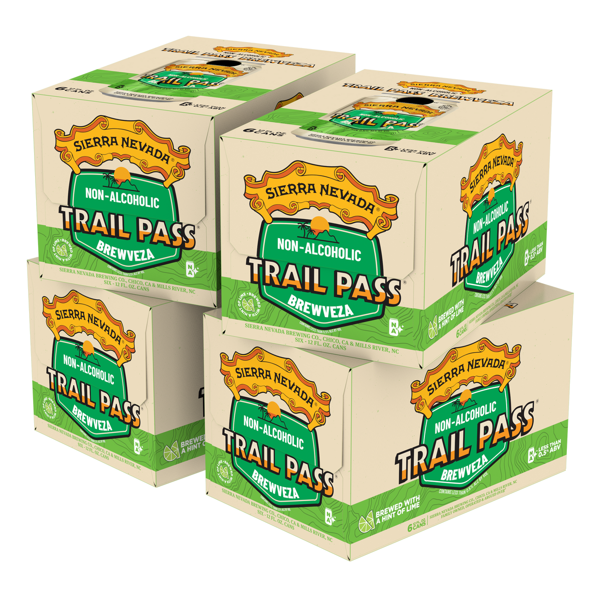 Multiple boxes of Sierra Nevada Trail Pass non-alcoholic brewveza on a white background
