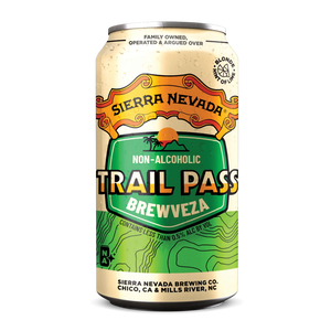 Thumbnail of A single aluminum can of Sierra Nevada Trail Pass Brewweza non-alcoholic beer, featuring a cream-colored label with green topographic map graphics and a large green central shield logo.