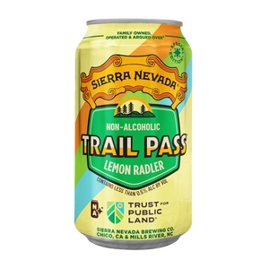 Thumbnail of A 12 oz aluminum can of Sierra Nevada Trail Pass Lemon Radler non-alcoholic craft beverage, featuring a colorful label with green, yellow, orange, and blue graphics on a white background.